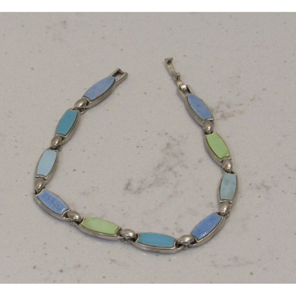 Silver Tone Enameled Link Bracelet Blue Green Preppy Coastal Cowgirl Fairy Boho‎